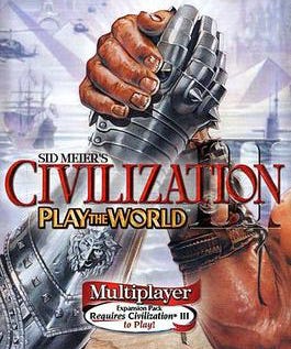 The box art for “Sid Meier’s Civilization III: Play the World”. The subtitle reads “Multiplayer Expansion Pack”.