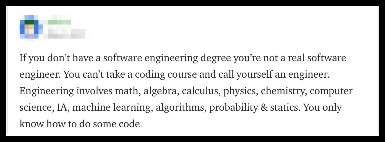 “If you don’t have a software engineering degree you’re not a real software engineer. ... You only know how to do some code.”