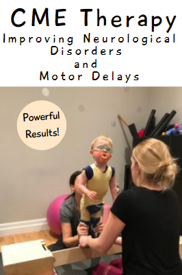 A child receiving intensive physical therapy. A therapist is holding his legs while he balances on a wooden block to strengthen his core and improve posture.