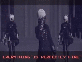 9S from Nier Automata has a mental breakdown with flashing red text below reading “Everything Is Perfectly Fine.”