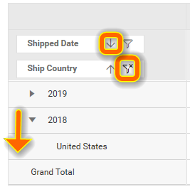 Pivot Table with Sort and Filter Applied, Retaining Expanded State of Shipped Date 2018 Value Node