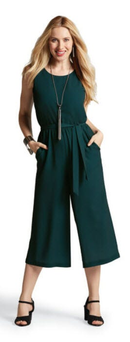 Model wearing a teal gaucho Jumpsuit