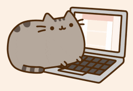 Pusheen happily typing away on a laptop with his little paws