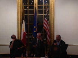 L-R: Charles Ferguson, Greil Marcus and Laurent Fabius.