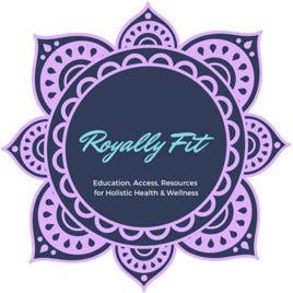 Blue text with “Royally Fit” sits inside a purple mandala. Below it states “Education, Access, Resources for Holistic Health and Wellness”