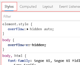 The Styles pane, with a red outline around the tab element and another one around the panel element, showing that those outline have a 2px gap between them.