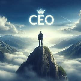 CEO standing on mountain peak, symbolizing achievement and leadership