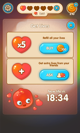 In-App purchase screen where players can buy more lives, x5 for a full refill, ask for extra lives from friends, new life in 18:34 on bottom