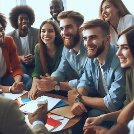 A group of diverse individuals engaged in a positive discussion, symbolizing effective conflict resolution.