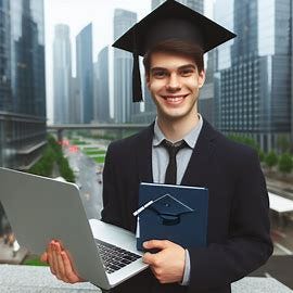 A confident young graduate holds a laptop, ready to embark on their career journey.