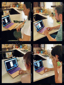 A 4 way split video clip showing four users testing an app design on a laptop at a kitchen counter.