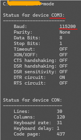 Output of mode command showing COM port and Baudrate.