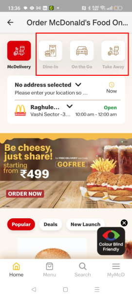 A screenshot of Mc Donalds app where one can order and get food through deliver, dine in and drive through.