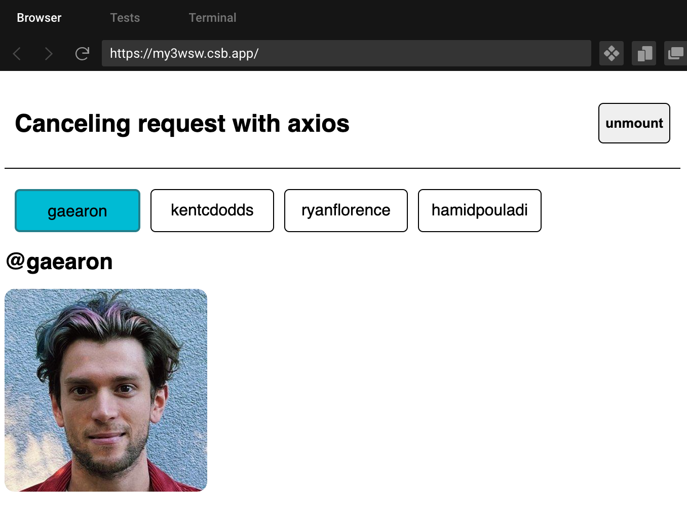 Dan Abramov Example on canceling request with Axios