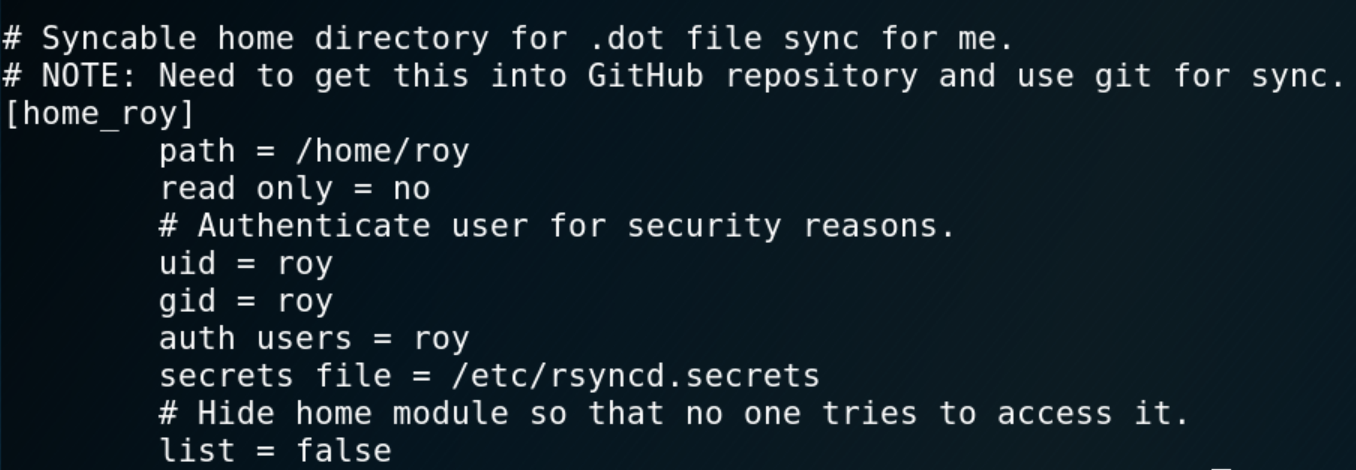 rsyncd.conf gives information about user roy