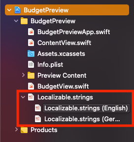 The Project Navigator of Xcode with the Localizable.strings file expanded to display its different localizations.