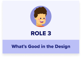 Role card 3 shows a character avatar and the title “what’s good in design.”