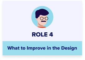 Role card 4 shows a character avatar and the title “what to improve in the design.”