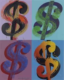 The work in the top left gives a rough texture to a dollar sign with black dominating the sign, and orange only encompassing the middle part. As a response, the bottom right has an orange dollar sign with black being the background of the currency. The bottom left work is a blue dollar sign that is highlighted with red. This gives it a 3D look. The top right has a green dollar sign slanted downward, giving perspective with the black shadow being visible.