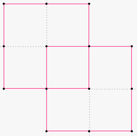 The same 2 intersecting squares as before, but with extra points along each of their sides, showing where the other square intersects.