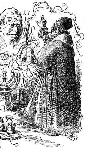 A black-and-white engraving showing the Rabbi Loew with his hand up in an incantatory gesture, bringing the golem to life.