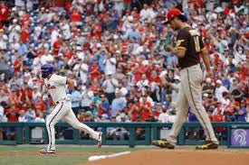 Bryce Harper rounding the bases after hitting a homerun off of the Padres’ Yu Darvish.