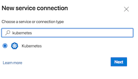 Screenshot showing Kubernetes service connection option