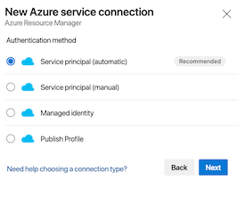 Screenshot showing Azure Resource Manager Service connection options.