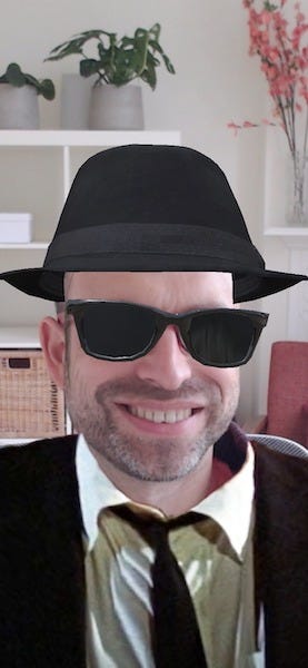 Marko wearing a virtual Blues Brothers outfit
