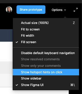 A dropdown menu under the Options button in the Figma UI showing settings for “Show hotspot hints on click” and “Show Figma UI” and more.