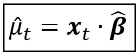 The predicted mean expressed as a dot product of regression vector x_t and fitted coefficients vector β_cap