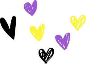 Eighth hand drawn hearts in yellow, white, purple and black.