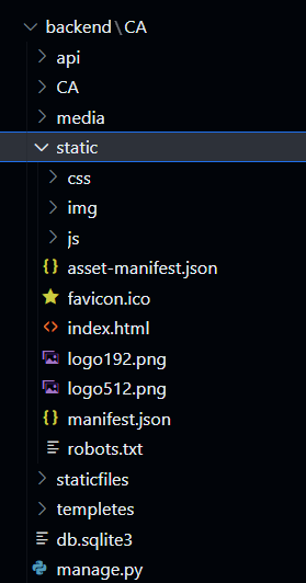 in shown image CA is Django project where the static folder contains assets obtained from the React build, and the templates folder contains the index.html file.