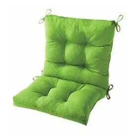 A green tufted seat and back chair cushion with ties.