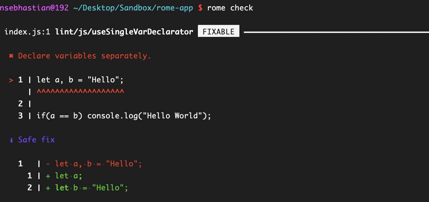 Example Rome lint diagnostic output
