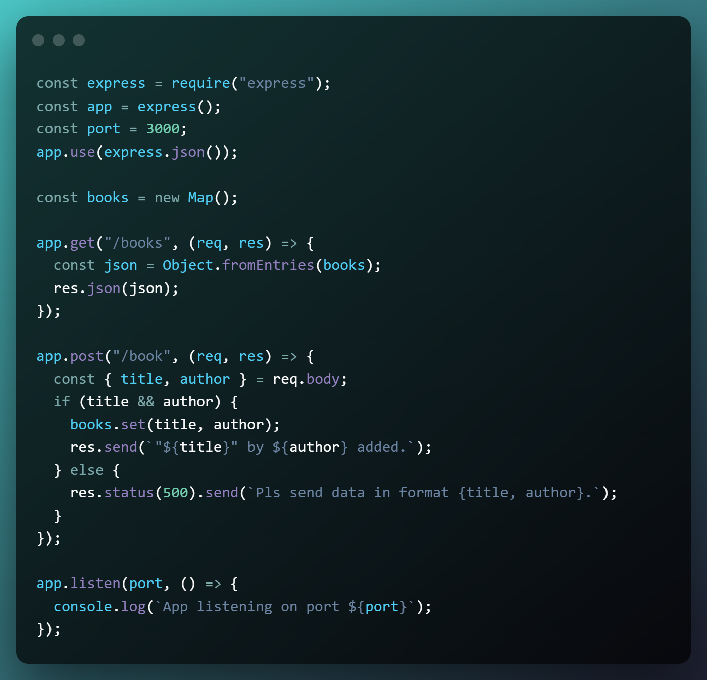 Room for improvement, but still the simplest API server that you can think of. Accepts POST requests for books in key-value pairs like { “title”: “Gaunt's Ghosts”, “author”: “Dan Abnett” }, stores it in an in-memory ES6 Map, and sends back the entire thing on a GET request.