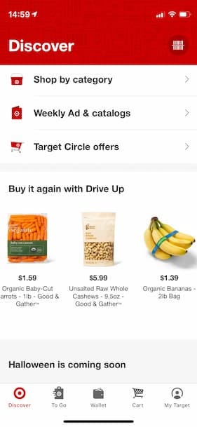 Screenshot of the Target app home page, showing products in the “Buy it again with Drive Up” section.
