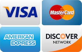 The logos for Visa, MasterCard, American Express, and Discover.