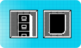 Two large black and white pixelated icons: file cabinet and page.