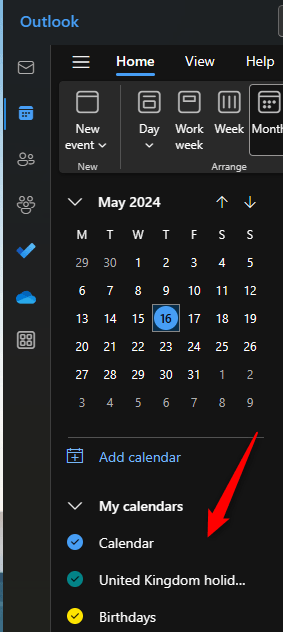 a screenshot of a calendar with a red arrow showing where the My calendar options are in Microsoft Outlook