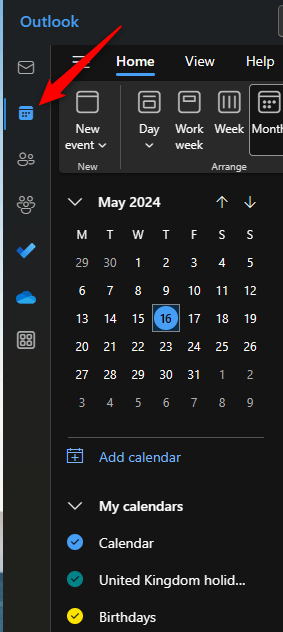 a screenshot of a calendar showing an arrow to where the calendar icon is in Outlook