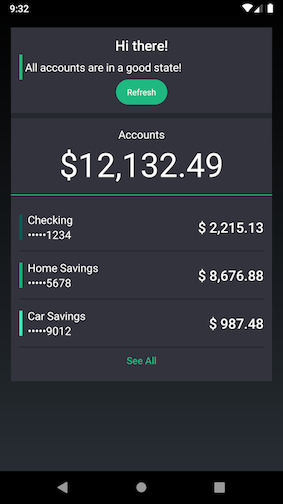 Screen window showing balances and different accounts on a dark theme. Hi there! All accounts are in a good state!