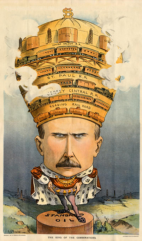 Cartoon depiction of John D. Rockefeller wearing a crown with the names of rail lines that he effectively controlled