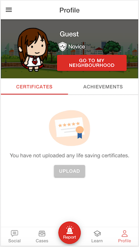 WeRespond game screenshot of the profile page where users can upload certificates and play the app’s game