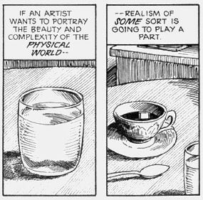 Detailed, realistic drawings of a water glass and a cup of tea with the caption “If an artist wants to portray the beauty and complexity of the physical world, realism of some sort is going to play a part.”