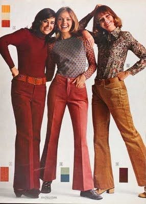 A Sear’s ad from 1971 with three women wearing a pair of red, pink, and brown corduroy pants.