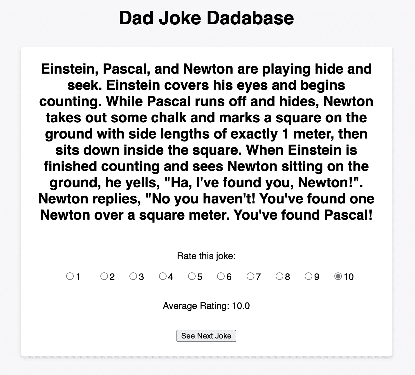 Dad joke “dadabase” user interface allows you to rate each joke