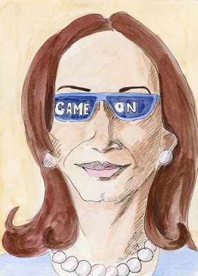 Kamala Harris wears sunglasses that say “Game On”, showing her willingness to go toe to toe with Trump.