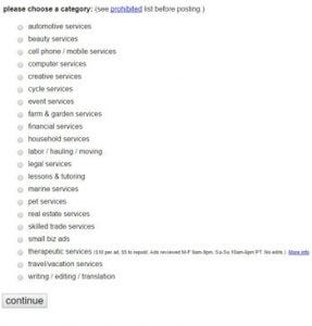 Choose a category for marketing on craigslist