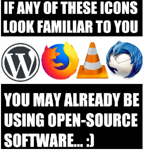 Image showing logos for Wordpress, Firefox, VLC & Thunderbird and implying that you are already using open-source softwares.